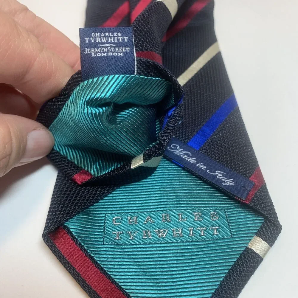 Charles Tyrwhitt Mens Silk Tie Italy Black Red Blue Striped 56”X3.25” Designer